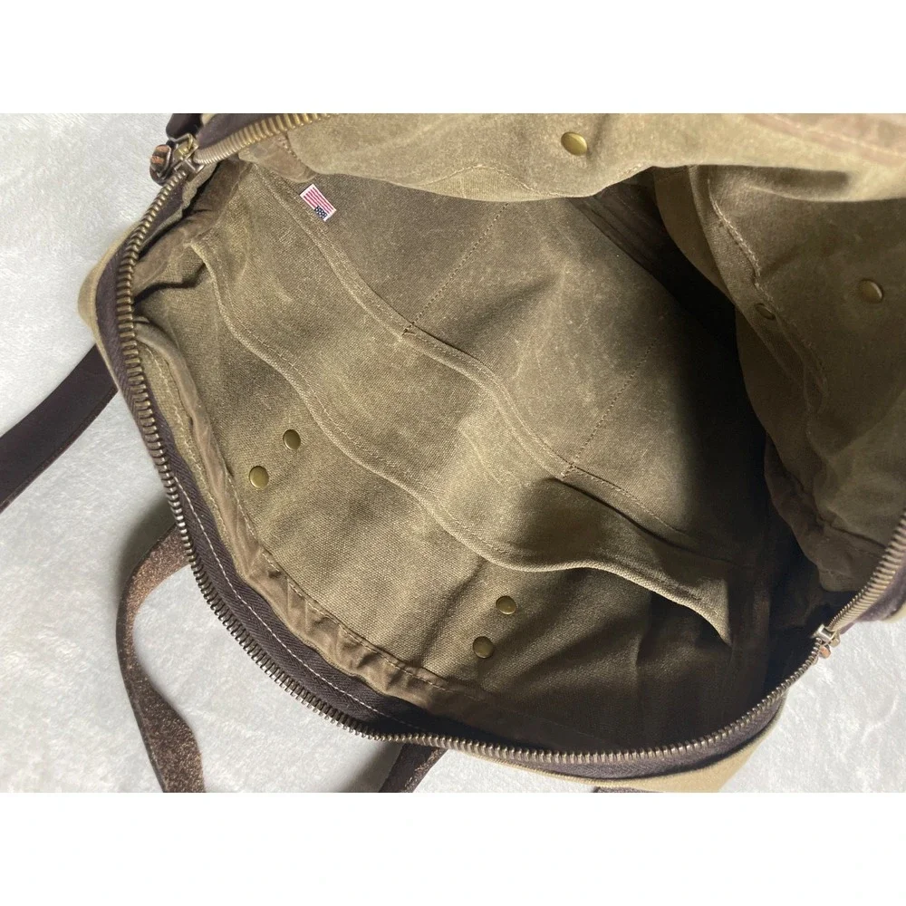 J. Stark Waxed Canvas Briefcase Messenger Bag Olive Brown Leather Strap USA